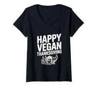 Womens Happy Vegan Thanksgiving Festive Plant-Based Celebration V-Neck T-Shirt