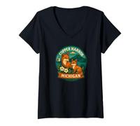 Womens Harbor Michigan Red Fox Mom and Kit Badge V-Neck T-Shirt