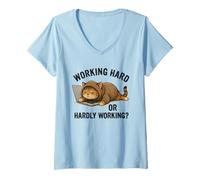 Womens Hardly Working Lazy Cat Sleeping on Laptop V-Neck T-Shirt