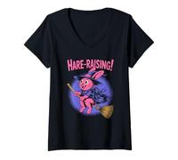 Womens Hare Raising Pink Bunny Witch On Broom Cute Halloween V-Neck T-Shirt