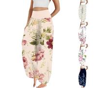 Women's Harem Trousers Elasticated High Waist Floral Print Pants Retro Ethnic Patterned Palazzo Pants Baggy Wide Leg Trousers Aladdin Hippy Trouser Loose Culottes Soft Comfy Yoga Pant Streetwear