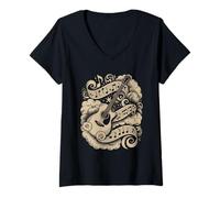 Women's Harmony Guitar with Floating Music Notes Clouds V-Neck T-Shirt