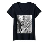 Womens Harold Lloyd Hanging from a Clock, Silent Movie Safety Last V-Neck T-Shirt