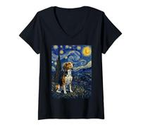 Women's Harrier Dog Van Gogh Starry Night V-Neck T-Shirt