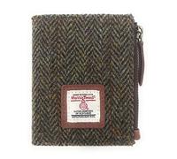 Women's Harris Tweed Brown Herringbone Real Leather Small Bifold Wallet, Card Holder with Zipper Coin Purse Pocket