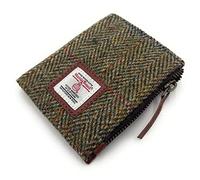 Women's Harris Tweed Real Leather Small Bifold Wallet, Card Holder with Zipper Coin Purse Pocket (Green Herringbone)