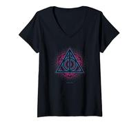 Womens Harry Potter Neon Deathly Hallows V-Neck T-Shirt