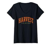 Women's Harvest Season Retro Varsity Typography Orange Autumn Fall V-Neck T-Shirt