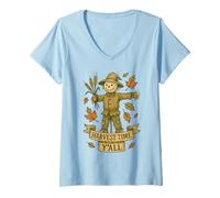 Womens Harvest Time Y'all - Funny Cute Scarecrow Fall Thanksgiving V-Neck T-Shirt