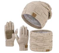 Womens Hat Scarf and Gloves Set Winter Knitted Fleece Bobble Beanie Hats Long Scarf and Thermal Gloves 3Pc Set Ladies Cold Weather Sets for Skiing Outdoor Sports