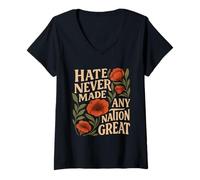 Womens Hate Never Made Any Nation Great Floral Peace Floral V-Neck T-Shirt