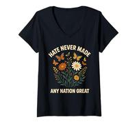 Womens Hate Never Made Any Nation Great Floral Vintage V-Neck T-Shirt