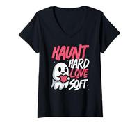 Womens Haunt Hard Love Soft Cute Ghost Kawaii Halloween V-Neck T-Shirt