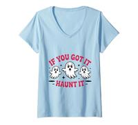 Womens Haunt It Shirt Cute Ghosts Funny Halloween Quote October V-Neck T-Shirt