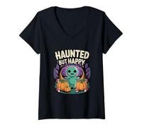 Womens Haunted But Happy Ghost with Pumpkins in Forest Halloween V-Neck T-Shirt