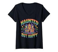 Womens Haunted but Happy Smiling House, Cute Spooky Fun V-Neck T-Shirt