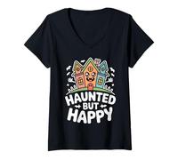 Womens Haunted but Happy Smiling House, Cute Spooky Fun V-Neck T-Shirt