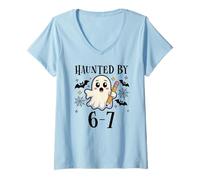 Womens Haunted by 6-7 Funny Teacher 67 Halloween Six Seven Ghost 67 V-Neck T-Shirt