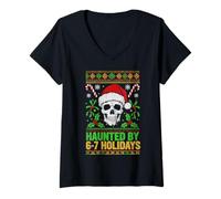Womens Haunted by 6-7 Holidays Santa Skull Ugly Christmas Six Seven V-Neck T-Shirt