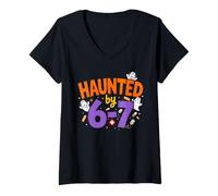 Womens Haunted by 67 Nurse Funny Halloween Haunted by 6-7 Ghost V-Neck T-Shirt