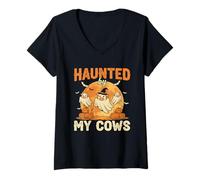 Womens Haunted by May Cows Funny Halloween Moo Ghost Cow Men Women V-Neck T-Shirt