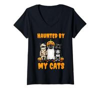 Womens Haunted by My Cats Ghost Pumpkin Funny Halloween Costume V-Neck T-Shirt