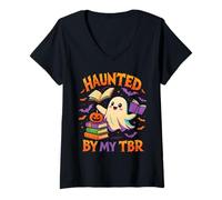 Womens Haunted by My TBR Funny Bookworm Halloween Quote V-Neck T-Shirt