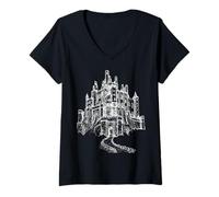 Womens Haunted Castle On A Hill, Goth Spooky line Art V-Neck T-Shirt