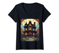 Womens Haunted House Wolf Lane V-Neck T-Shirt