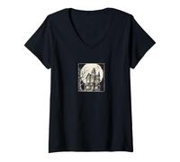 Women's Haunted Mansion Spooky Moon Bats Gothic Art Print V-Neck T-Shirt