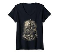 Women's Haunted Pirate Ship Moonlit Ocean V-Neck T-Shirt