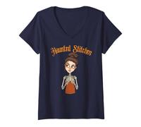 Womens Haunted Stitches Skeleton Woman Knitting Halloween V-Neck T-Shirt