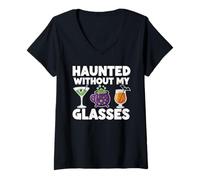 Womens Haunted Without My Glasses Funny Halloween Drinking Party V-Neck T-Shirt