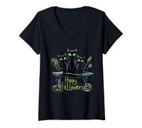 Womens Haunting Black Cats Trio: Perfect Halloween Design Pumpkin V-Neck T-Shirt