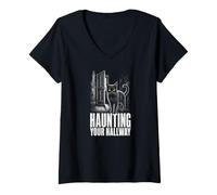 Women's Haunting Your Hallway Black Cat Halloween Men Women V-Neck T-Shirt