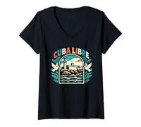 Women's Havana Cuba Libre Vintage El Morro Malecon V-Neck T-Shirt
