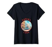 Womens Havana Cuba Retro Distressed Circle Retro V-Neck T-Shirt