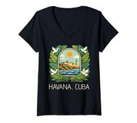 Women's Havana Cuba Vintage El Morro Malecon V-Neck T-Shirt