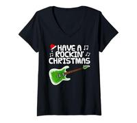 Womens Have A Rockin' Christmas, Electric Guitar Guitarist (Green) V-Neck T-Shirt