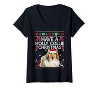 Womens Have A Rough Collie Christmas Ugly Sweaters Pet Dog Xmas V-Neck T-Shirt