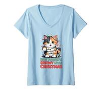 Womens Have Yourself A Meowy Little Christmas Funny Cute Calico Cat V-Neck T-Shirt