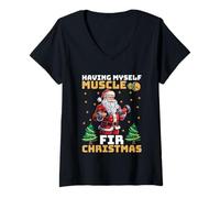 Womens Having Myself Muscle Fir Christmas Santa V-Neck T-Shirt