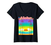 Women's Hawaii Aloha Palm Trees Beach Holiday South Seas Souvenir V-Neck T-Shirt