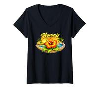 Women's Hawaii Beach Sunset Tropical Flower Design V-Neck T-Shirt