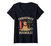 Womens Hawaii Snowman Shirt Surfboard Christmas Palm Tree Beach V-Neck T-Shirt