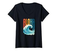 Women's Hawaii Surf Style Aloha Wave Design Vintage Retro Vibes V-Neck T-Shirt