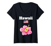 Womens Hawaii Trip Souvenir Hibiscus Flower Tropical Tiki Music V-Neck T-Shirt