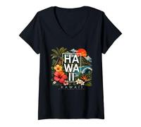 Women's Hawaii Tropical Sunset Aloha State Vacation Souvenir V-Neck T-Shirt