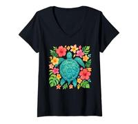 Womens Hawaiian Floral Sea Turtle Handdrawn Watercolor Coastal V-Neck T-Shirt