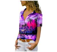 Womens Hawaiian Palm Tree Summer Caribbean Shirts Tropical Beach Funny Shirt Outfits Button Down Short Sleeve Lapel Casual Bowling Shirt Clothes Graphic Cruise Flamingo Trendy Golf Purple